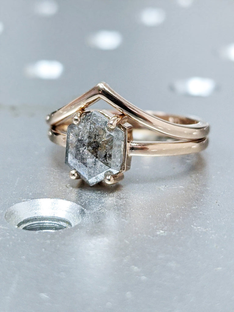 1.25ct Raw Diamond, Salt and Pepper, Hexagon, Unique Engagement Ring, Rose Cut Geometric Diamond Ring, 14k Gold, Custom Handmade