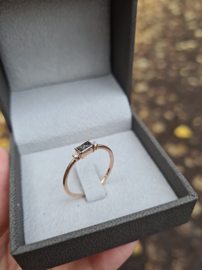 Rose Gold Emerald Baguette Raw Salt and Pepper Diamond Gold Engagement Ring Art Deco 1920s Inspired Thin Petite Band 14k Unique Ring for Her