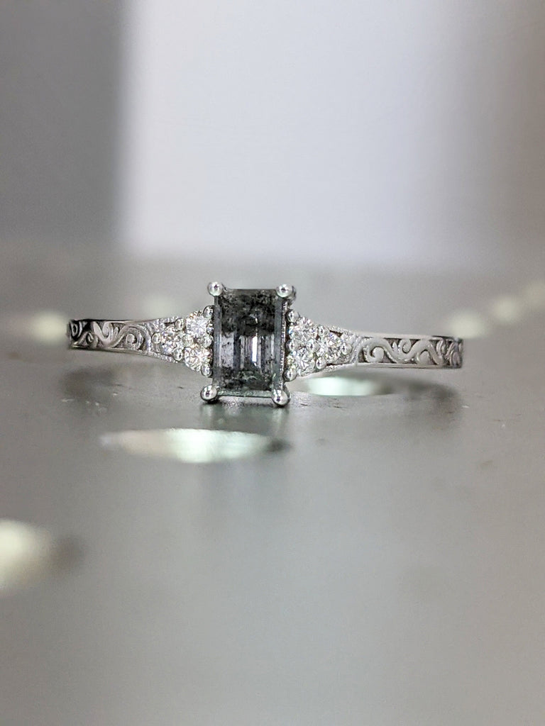 Emerald Baguette Raw Salt and Pepper Diamond Rose /White /Yellow Gold Engagement Ring Art Deco 1920's Inspired Thin Petite Band 14k Unique