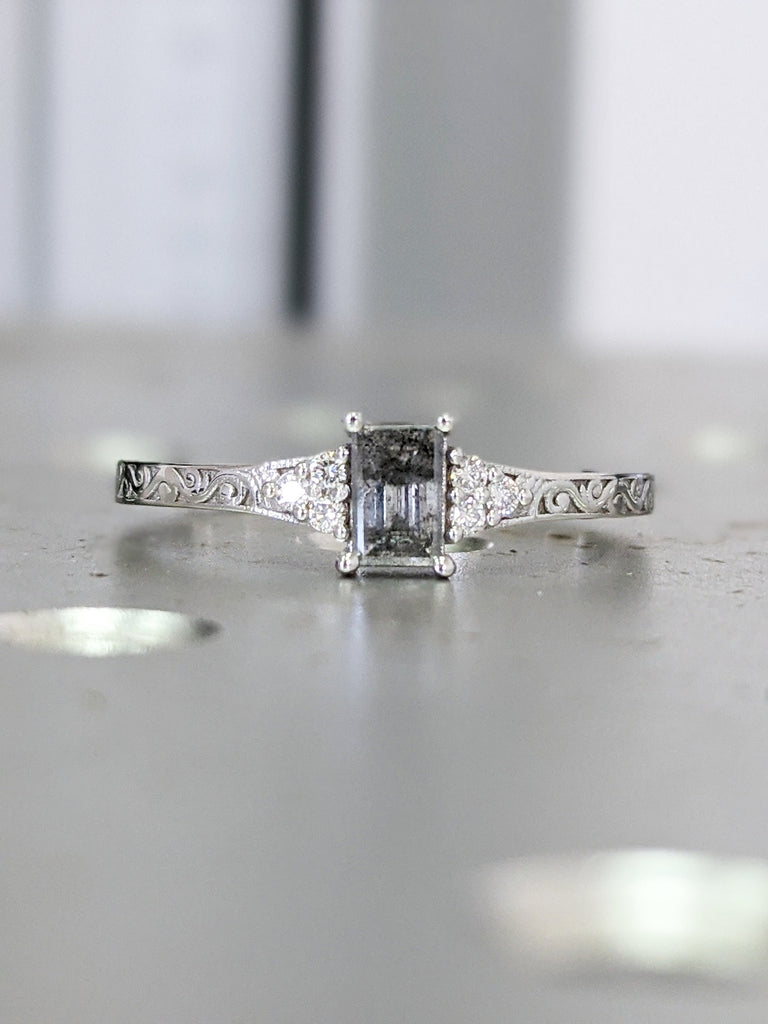 Emerald Baguette Raw Salt and Pepper Diamond Rose /White /Yellow Gold Engagement Ring Art Deco 1920's Inspired Thin Petite Band 14k Unique