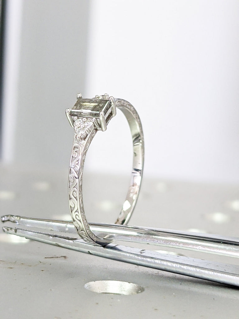 Emerald Baguette Raw Salt and Pepper Diamond Rose /White /Yellow Gold Engagement Ring Art Deco 1920's Inspired Thin Petite Band 14k Unique