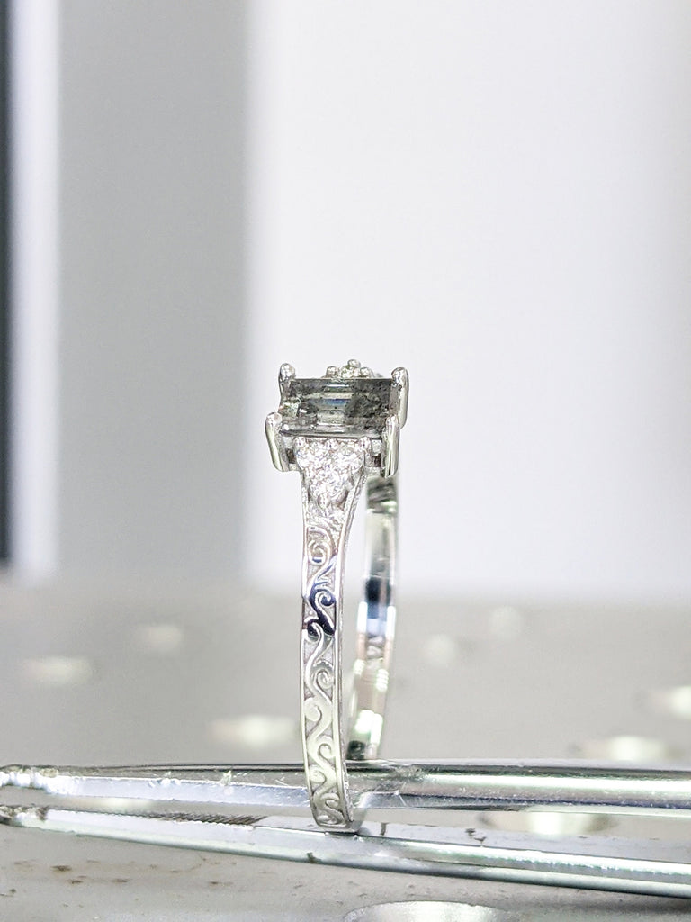 Emerald Baguette Raw Salt and Pepper Diamond Rose /White /Yellow Gold Engagement Ring Art Deco 1920's Inspired Thin Petite Band 14k Unique