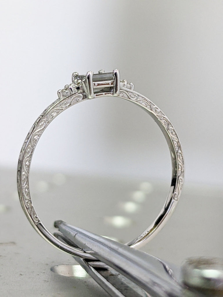 Emerald Baguette Raw Salt and Pepper Diamond Rose /White /Yellow Gold Engagement Ring Art Deco 1920's Inspired Thin Petite Band 14k Unique