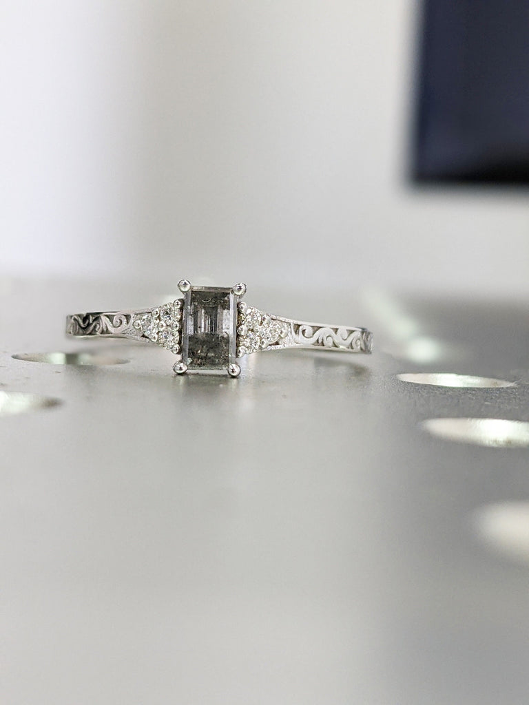 Emerald Baguette Raw Salt and Pepper Diamond Rose /White /Yellow Gold Engagement Ring Art Deco 1920's Inspired Thin Petite Band 14k Unique