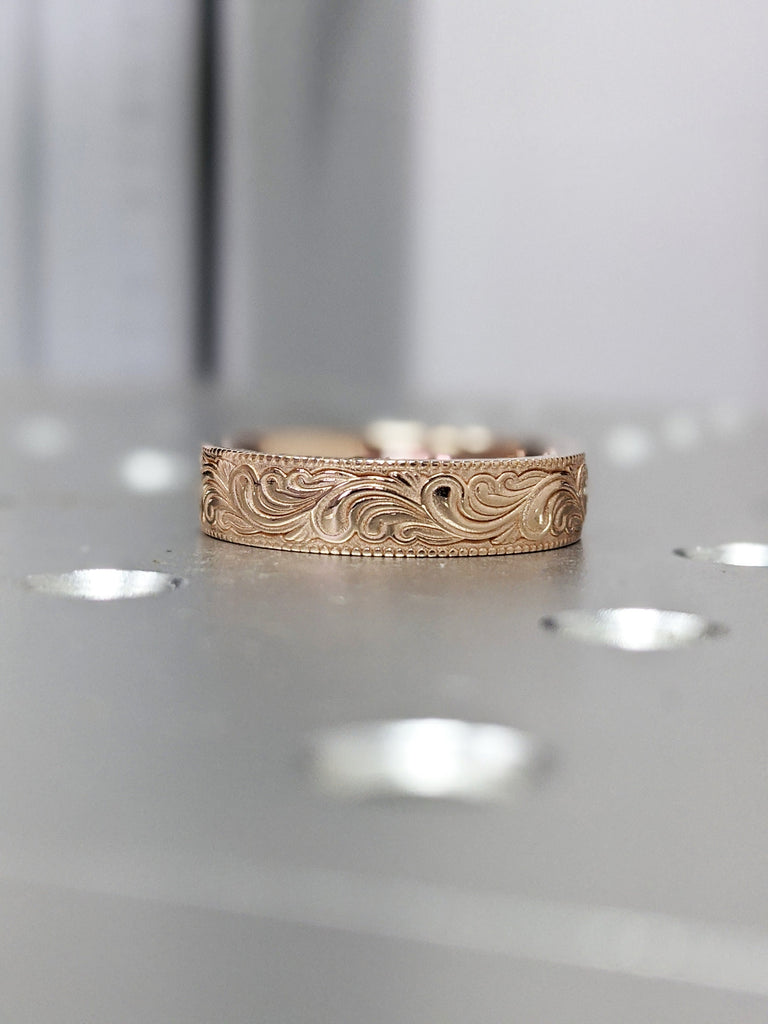 14k rose gold feather ring, Vintage, Antique, Feather, Milgrain, Wedding band, 14K Rose Gold, Wedding Band