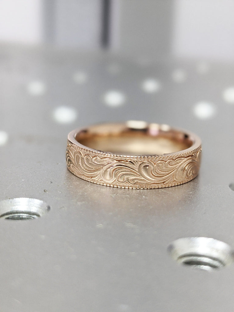 14k rose gold feather ring, Vintage, Antique, Feather, Milgrain, Wedding band, 14K Rose Gold, Wedding Band