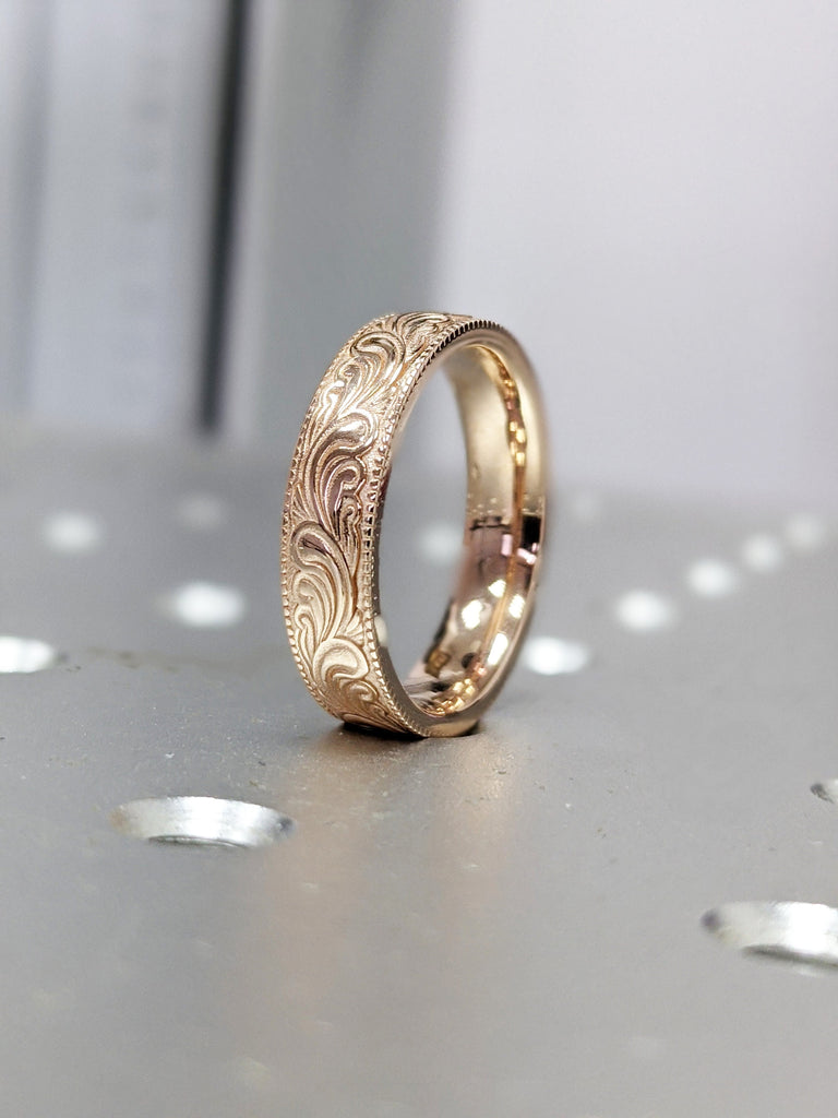 14k rose gold feather ring, Vintage, Antique, Feather, Milgrain, Wedding band, 14K Rose Gold, Wedding Band