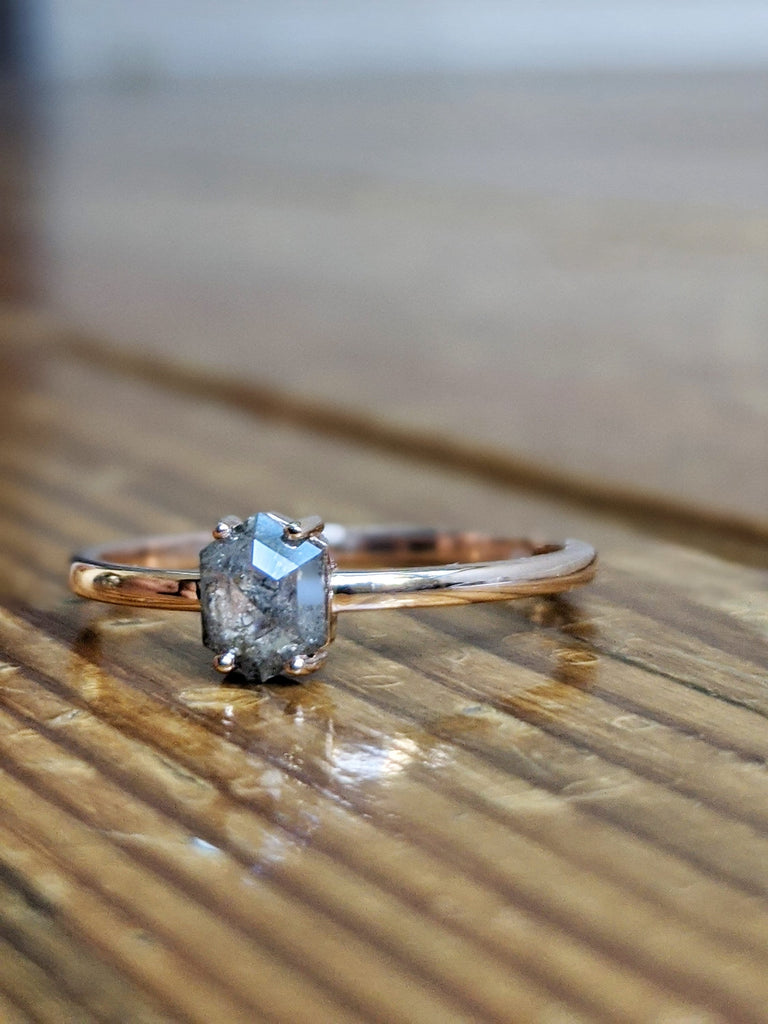 0.3 Carat Raw Diamond, Salt and Pepper, Hexagon, Unique Engagement Ring, Rose Cut Geometric Diamond Ring, 14k Gold, Custom Handmade