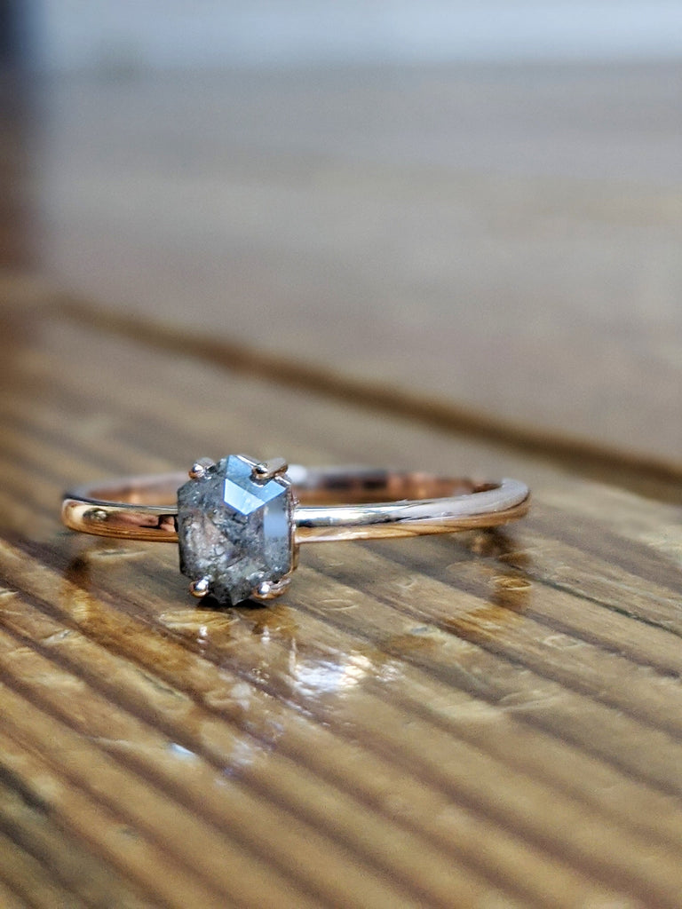 Raw Diamond, Salt and Pepper, Hexagon, Unique Engagement Ring, Rose Cut Geometric Diamond Ring, 14k Gold, Custom Handmade