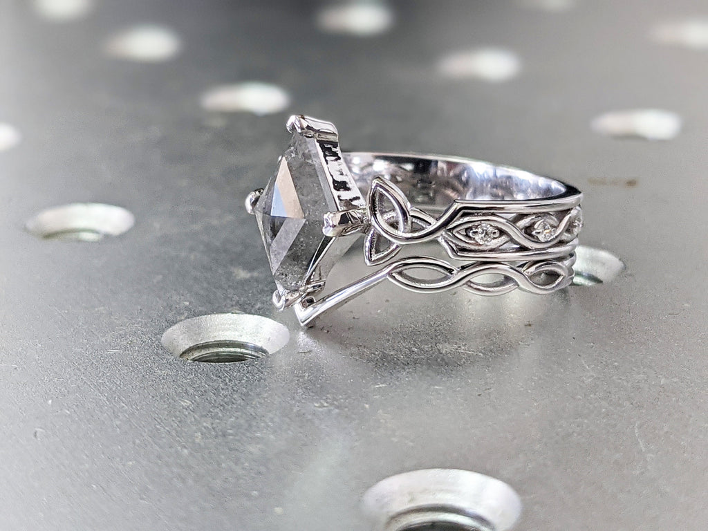 Unique Kite Diamond Vintage Celtic Engagement Ring Bridal Set, Salt And Pepper Diamond Kite Shaped Set, Twisted Engagement Ring Bridal Set