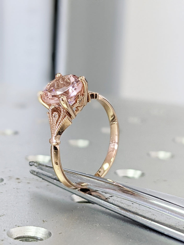 Vintage Engagement Ring Pink Morganite 14k White Gold, Unique Engagement Ring For Women, Art Deco Ring