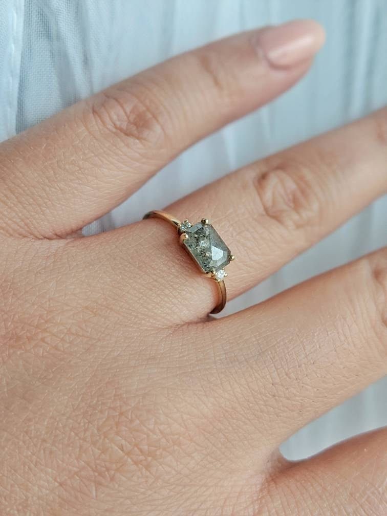 1ct Emerald Baguette Raw Salt and Pepper Diamond Gold Engagement Ring Art Deco 1920's Inspired Thin Petite Band 14k Unique Ring for Her