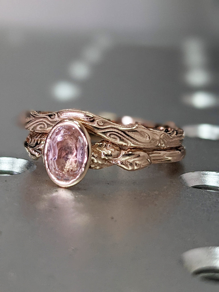 Oval Morganite Engagement Ring Set, Vintage Floral Morganite Ring, Rose Gold Floral Engagement Ring, Nature Inspired Leaf Morganite Ring