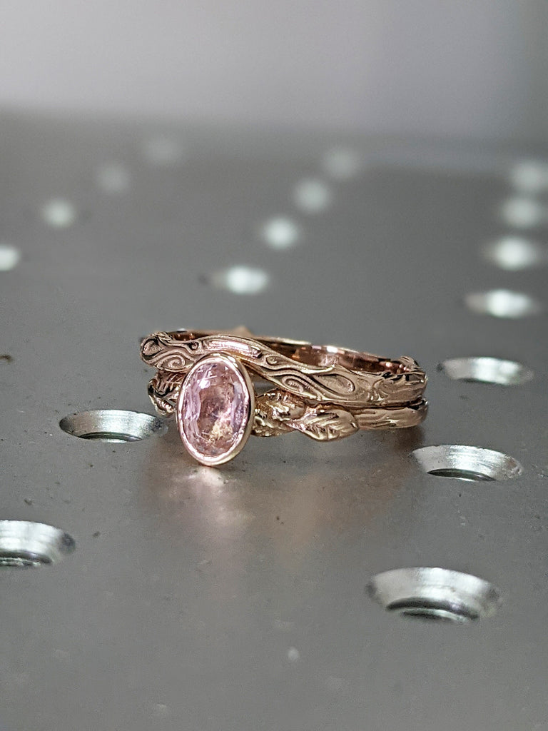 Oval Morganite Engagement Ring Set, Vintage Floral Morganite Ring, Rose Gold Floral Engagement Ring, Nature Inspired Leaf Morganite Ring