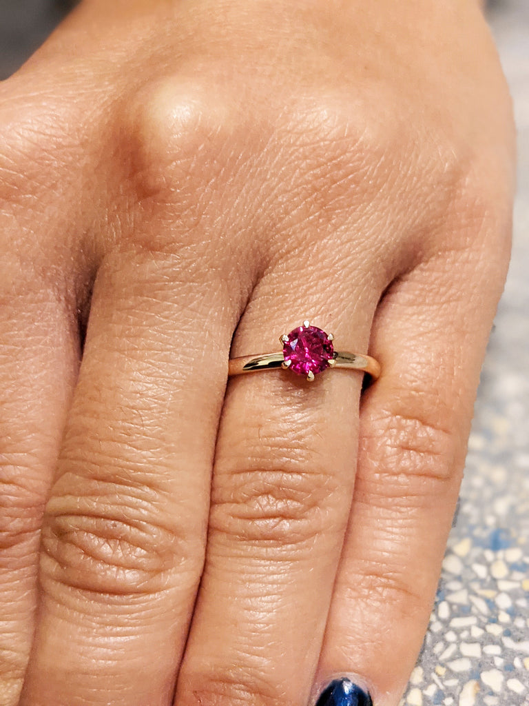 14k rose gold Briar classic ruby engagement ring, petite band, rounded prongs. 6 Prongs Solitaire Ruby Engagement Ring