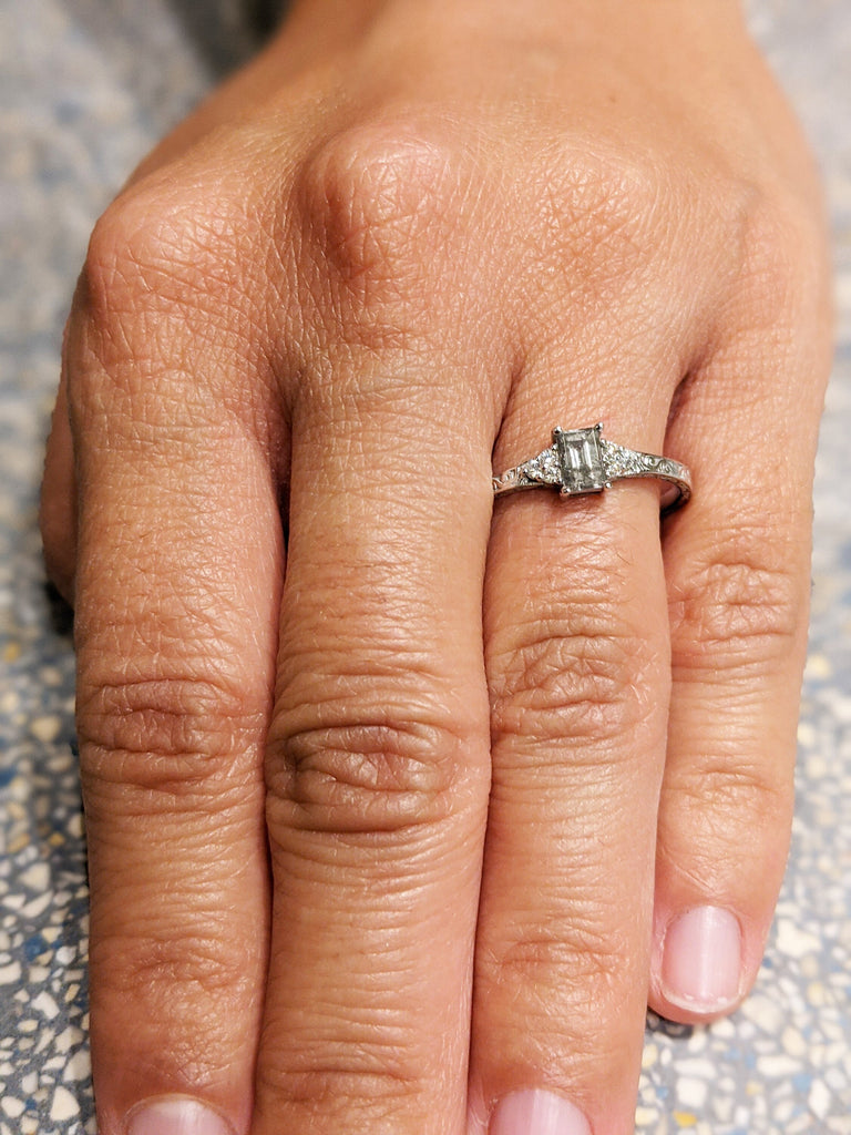 Emerald Baguette Raw Salt and Pepper Diamond Rose /White /Yellow Gold Engagement Ring Art Deco 1920's Inspired Thin Petite Band 14k Unique