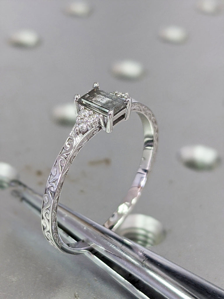 Emerald Baguette Raw Salt and Pepper Diamond Rose /White /Yellow Gold Engagement Ring Art Deco 1920's Inspired Thin Petite Band 14k Unique