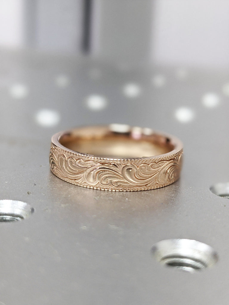 14k rose gold feather ring, Vintage, Antique, Feather, Milgrain, Wedding band, 14K Rose Gold, Wedding Band