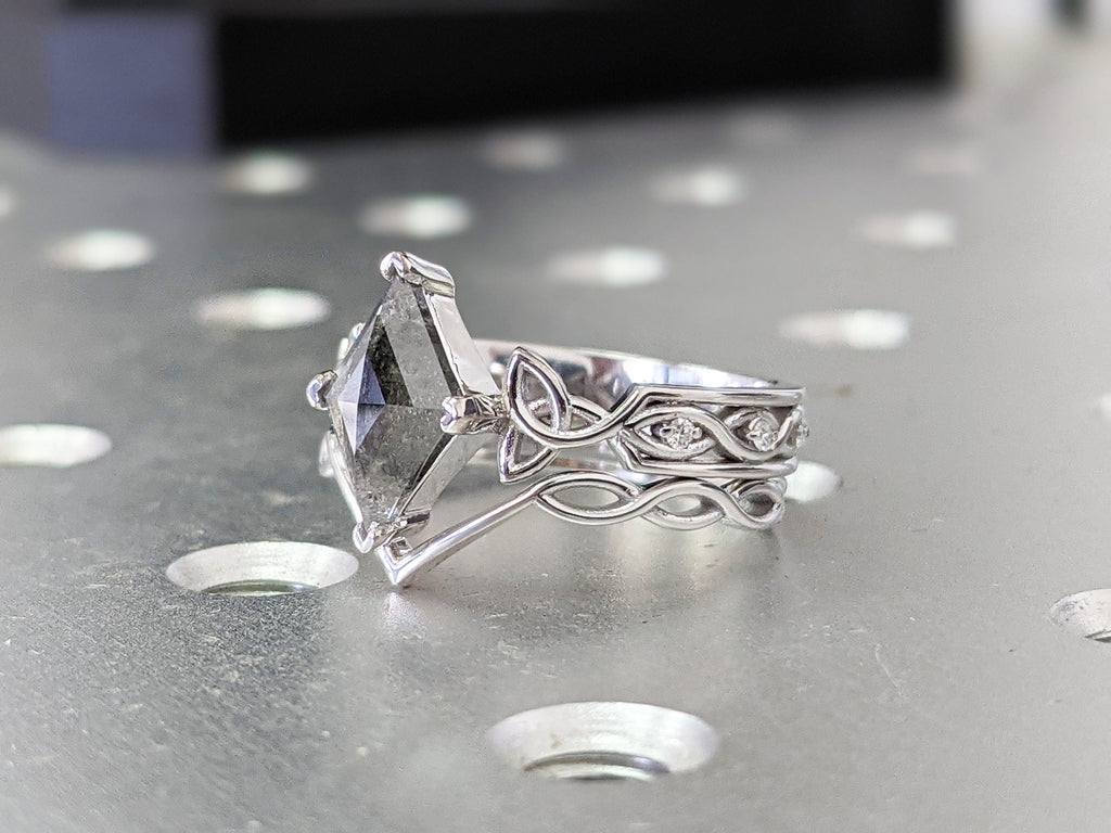 Unique Kite Diamond Vintage Celtic Engagement Ring Bridal Set, Salt And Pepper Diamond Kite Shaped Set, Twisted Engagement Ring Bridal Set