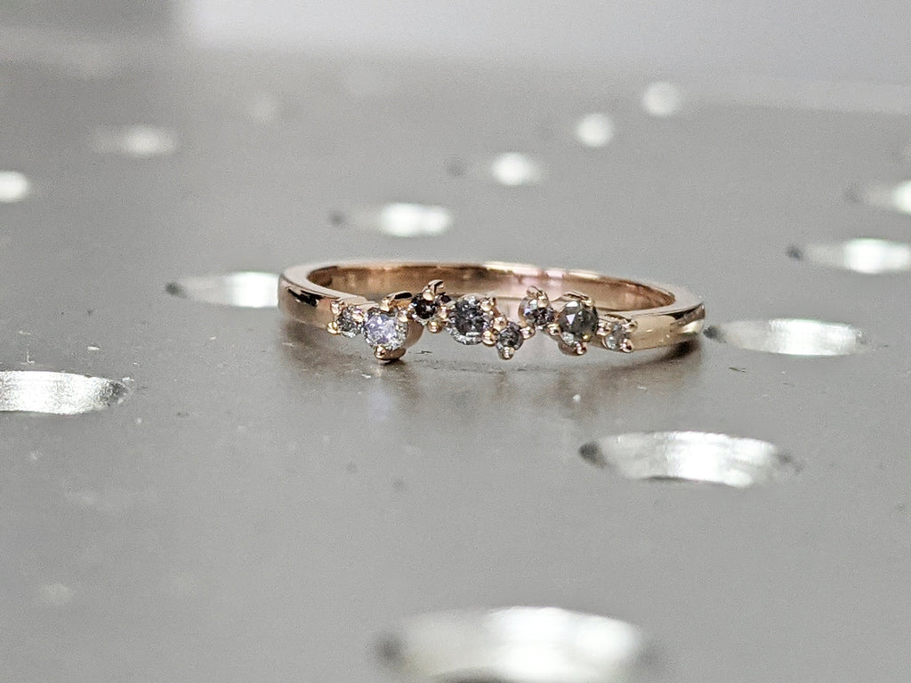 Rose Gold Salt and pepper diamond engagement, diamond cluster ring, 14k/18k gold , Engagement Ring Salt and Pepper Rustic, Stacking