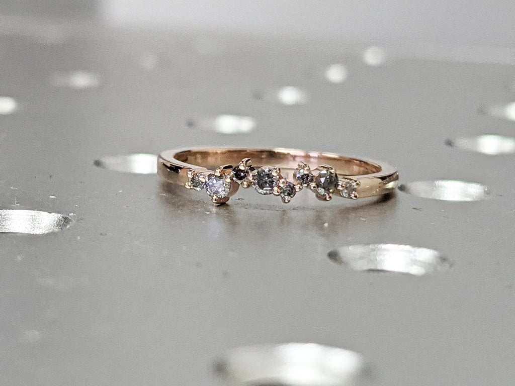 Rose Gold Salt and pepper diamond engagement, diamond cluster ring, 14k/18k gold , Engagement Ring Salt and Pepper Rustic, 8 Diamonds