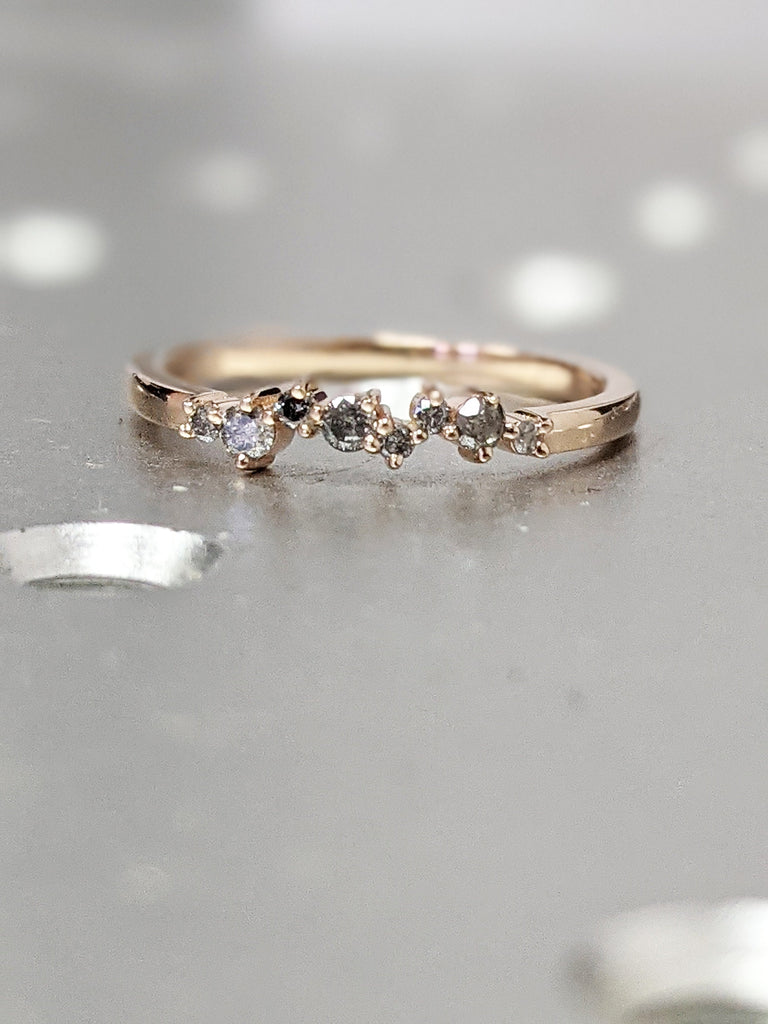 Rose Gold Salt and pepper diamond engagement, diamond cluster ring, 14k/18k gold , Engagement Ring Salt and Pepper Rustic, 8 Diamonds