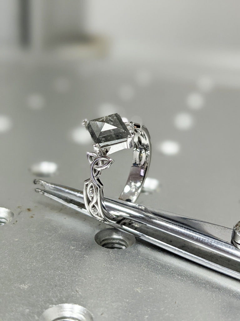 Unique Kite Diamond Vintage Celtic Engagement Ring Bridal Set, Salt And Pepper Diamond Kite Shaped Set, Twisted Engagement Ring Bridal Set