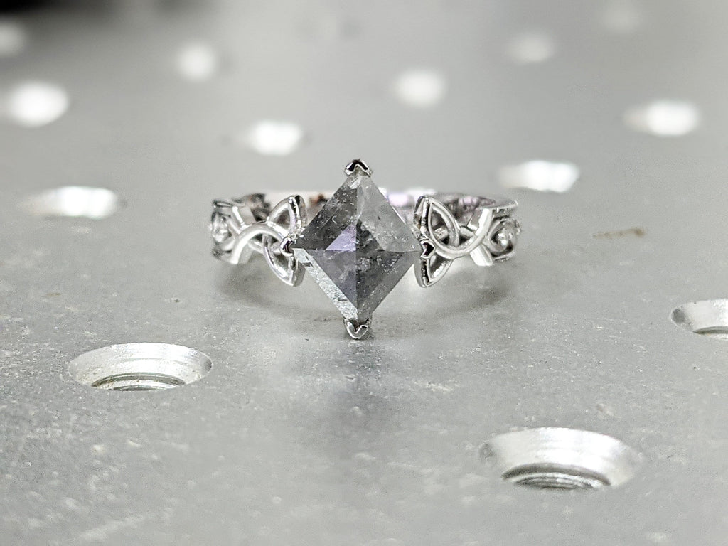 Unique Kite Diamond Vintage Celtic Engagement Ring Bridal Set, Salt And Pepper Diamond Kite Shaped Set, Twisted Engagement Ring Bridal Set