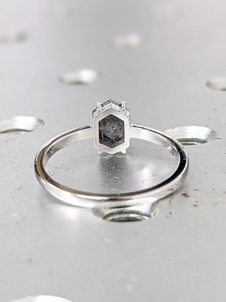 0.75ct Raw Diamond, Salt and Pepper, Hexagon, Unique Engagement Ring, Rose Cut Geometric Diamond Ring, 14k Gold, Custom Handmade