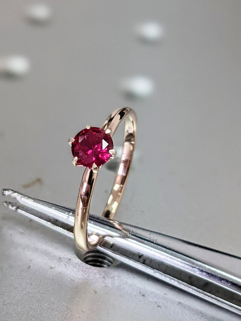 14k rose gold Briar classic ruby engagement ring, petite band, rounded prongs. 6 Prongs Solitaire Ruby Engagement Ring