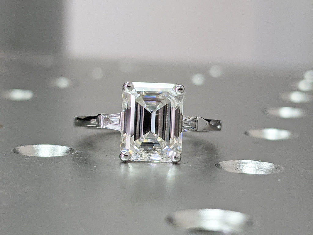 3ct Emerald Cut Engagement Ring, Emerald Cut Ring, Baguette Engagement Ring, Solid 14k Gold Moissanite Engagement Ring