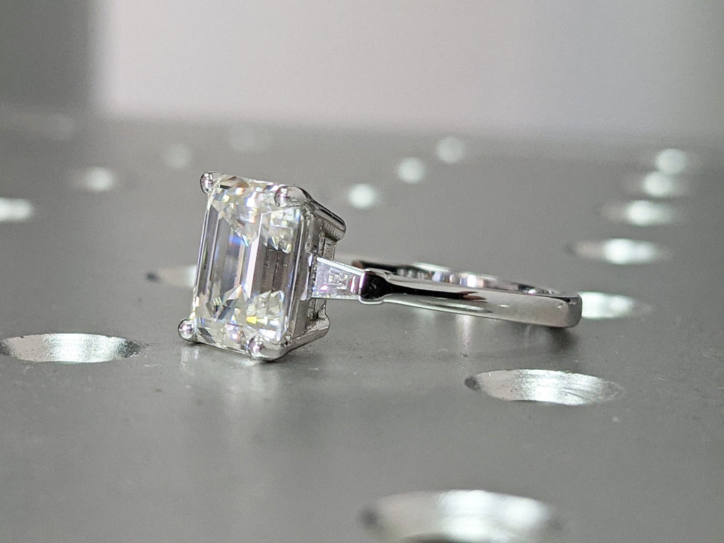 3ct Emerald Cut Engagement Ring, Emerald Cut Ring, Baguette Engagement Ring, Solid 14k Gold Moissanite Engagement Ring