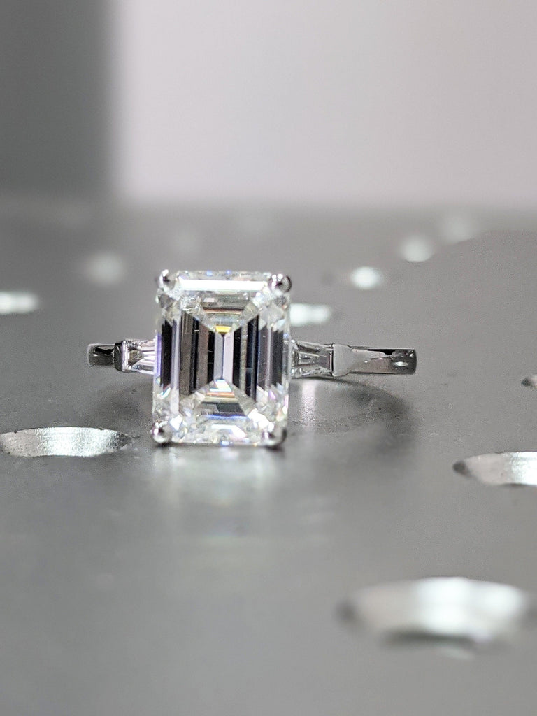 3ct Emerald Cut Engagement Ring, Emerald Cut Ring, Baguette Engagement Ring, Solid 14k Gold Moissanite Engagement Ring