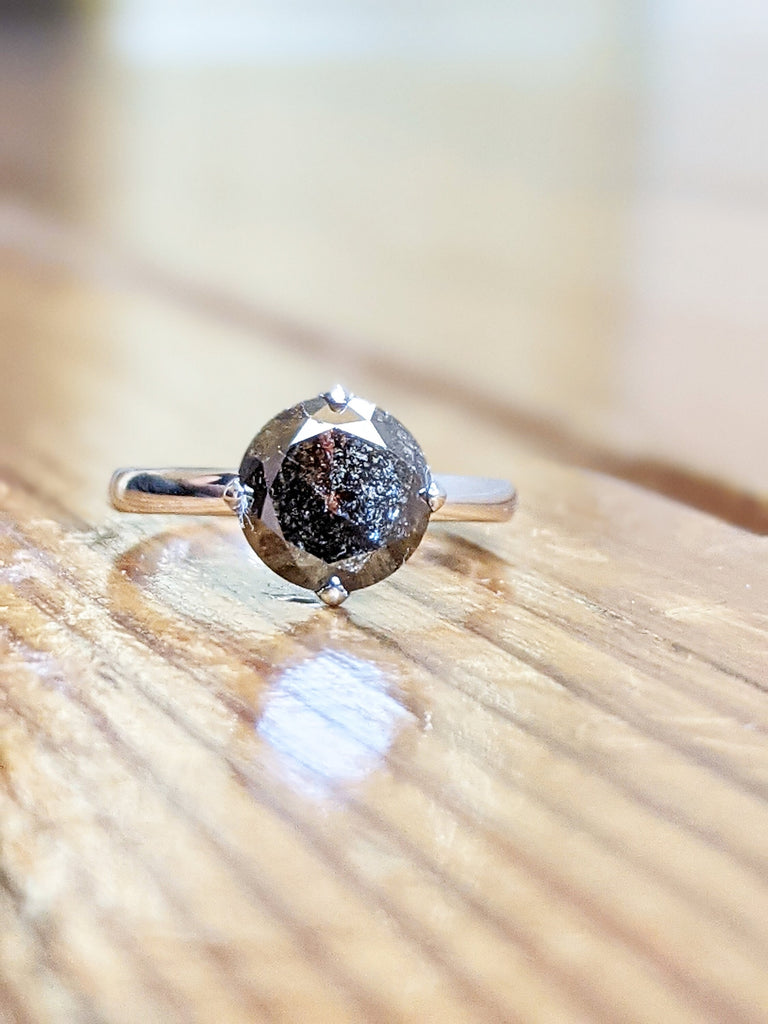 Raw Salt And Pepper Diamond Ring White Gold Solitaire Salt And Pepper Diamond Flower Ring, Delicate Bridal Set, Tulip Flower Setting, Ellis