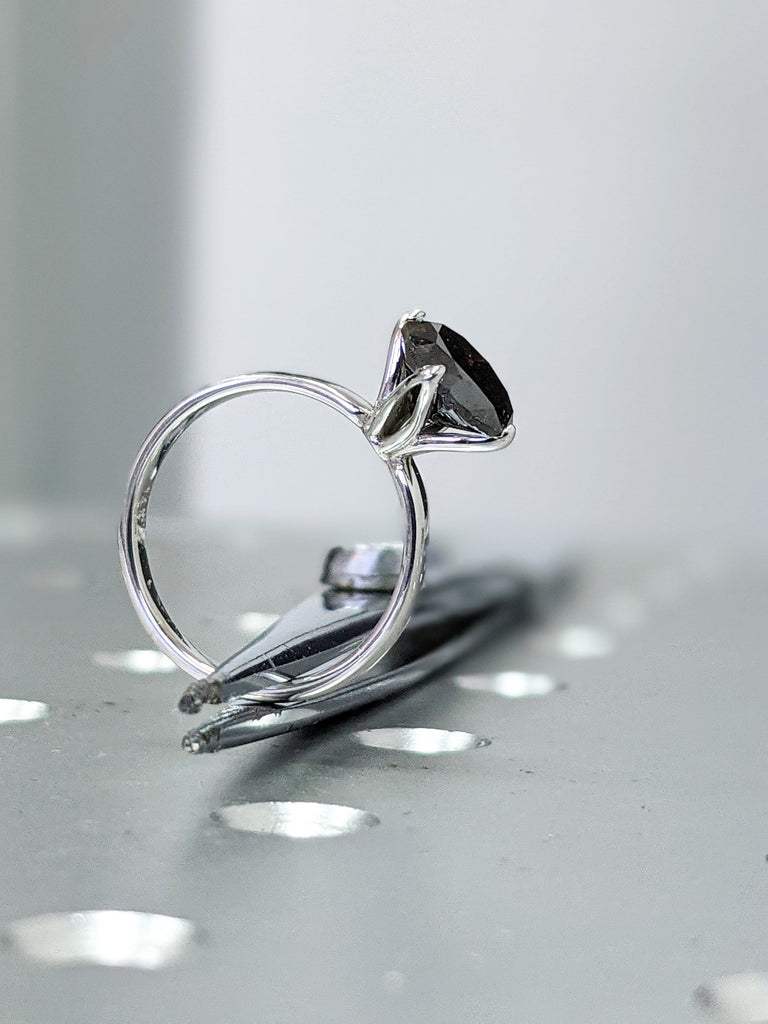 Raw Salt And Pepper Diamond Ring White Gold Solitaire Salt And Pepper Diamond Flower Ring, Delicate Bridal Set, Tulip Flower Setting, Ellis