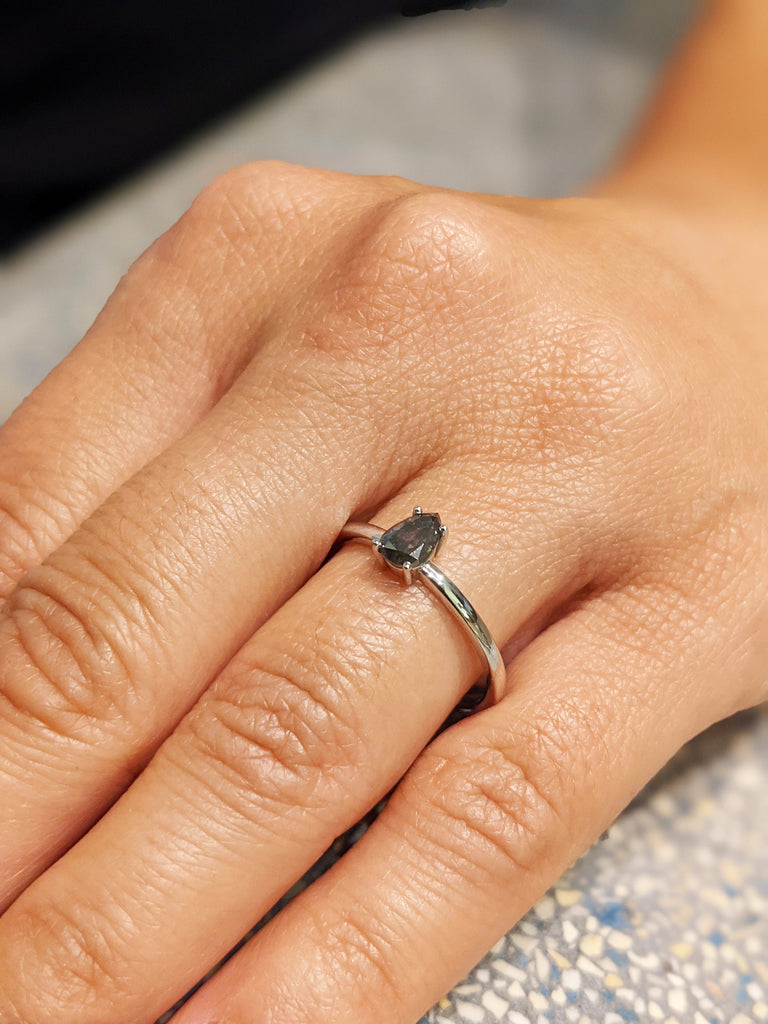 White Gold Raw Salt and Pepper Diamond, Full Cut Pear Diamond Ring, Unique Engagement, Black, Gray Pear, 14k Yellow, Rose, or White Gold