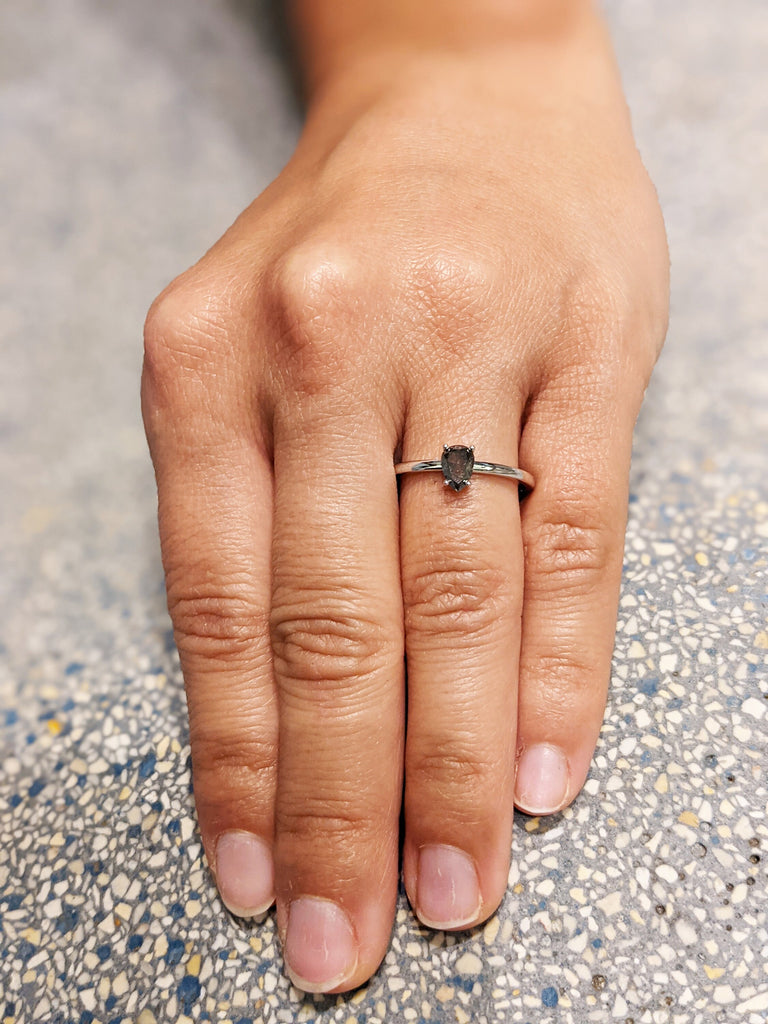 White Gold Raw Salt and Pepper Diamond, Full Cut Pear Diamond Ring, Unique Engagement, Black, Gray Pear, 14k Yellow, Rose, or White Gold