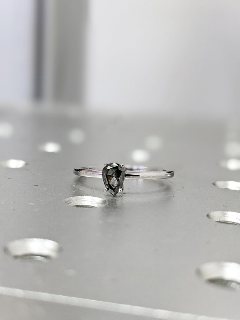White Gold Raw Salt and Pepper Diamond, Full Cut Pear Diamond Ring, Unique Engagement, Black, Gray Pear, 14k Yellow, Rose, or White Gold