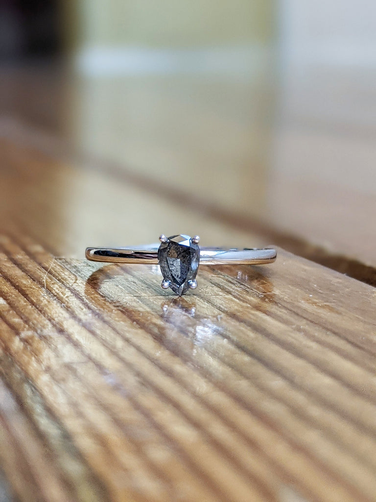 White Gold Raw Salt and Pepper Diamond, Full Cut Pear Diamond Ring, Unique Engagement, Black, Gray Pear, 14k Yellow, Rose, or White Gold