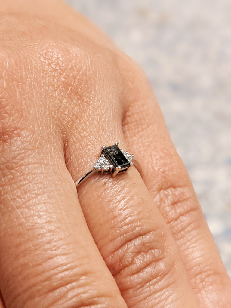 Vintage salt and pepper diamond engagement ring white gold engagement ring diamond cluster ring wedding Bridal Anniversary Baguette Cut