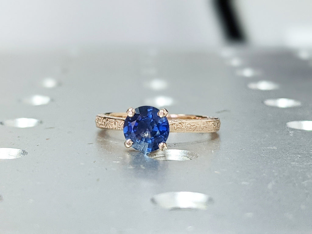Blue Sapphire Engagement Ring, Vintage Inspired Sapphire Ring, Rose/Yellow/White Gold Round Sapphire Ring, Sapphire Ring