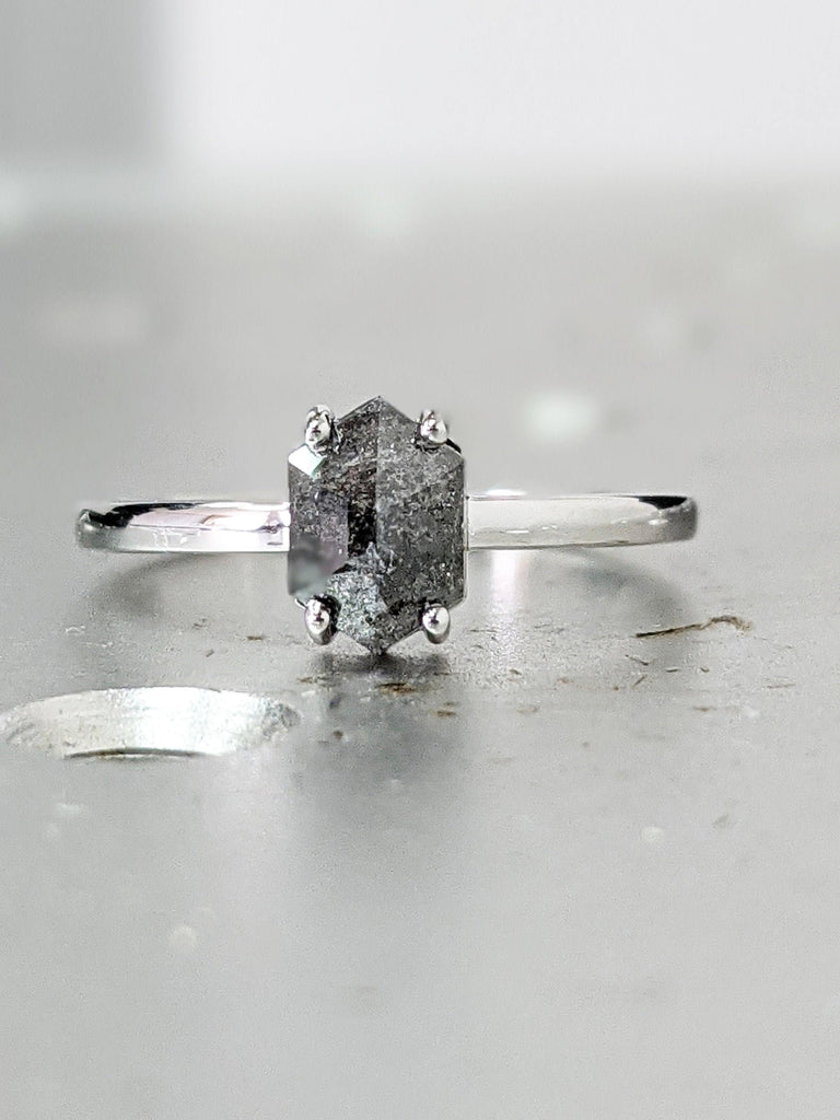 0.75ct Raw Diamond, Salt and Pepper, Hexagon, Unique Engagement Ring, Rose Cut Geometric Diamond Ring, 14k Gold, Custom Handmade