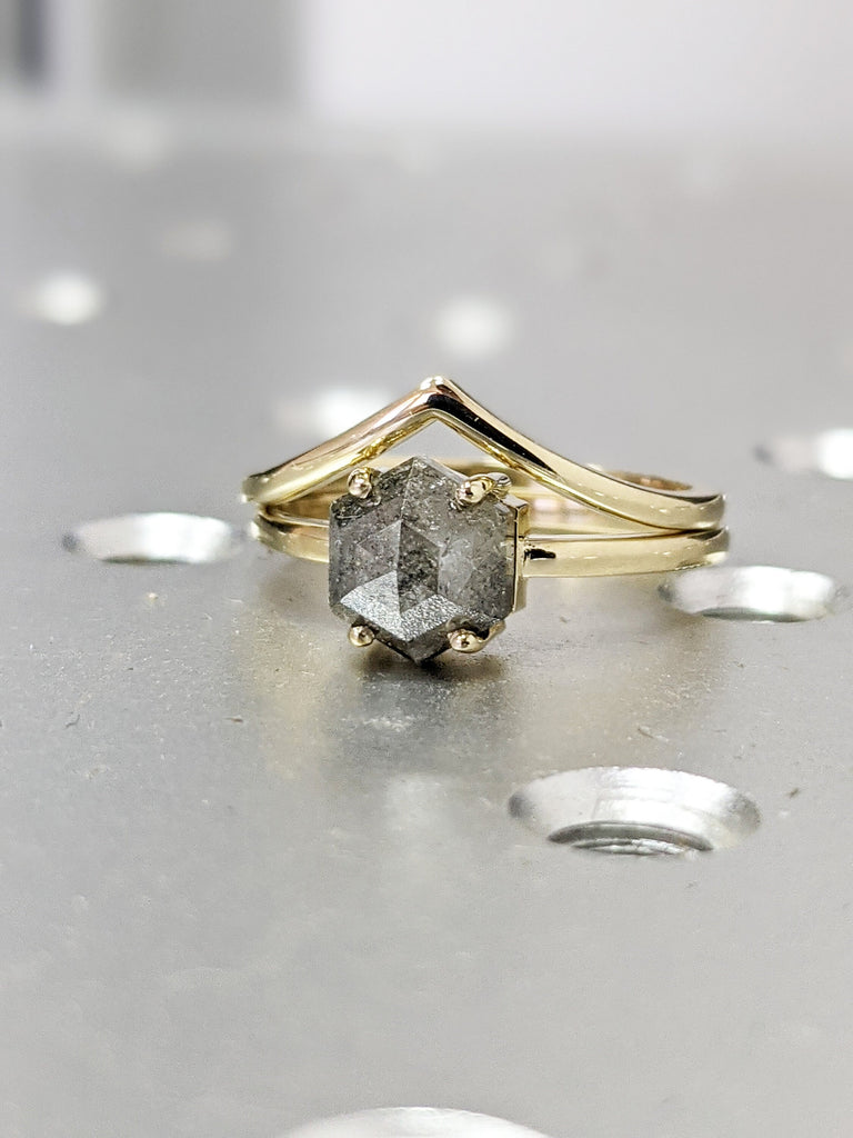 Gold Raw Diamond, 1ct Salt and Pepper, Hexagon, Unique Engagement Ring, Rose Cut Geometric Diamond Ring, 14k Gold, Custom Handmade