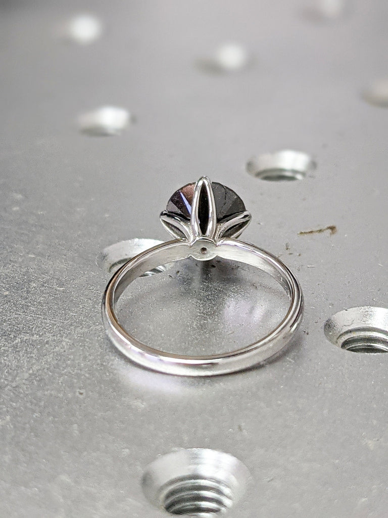 Raw Salt And Pepper Diamond Ring White Gold Solitaire Salt And Pepper Diamond Flower Ring, Delicate Bridal Set, Tulip Flower Setting, Ellis