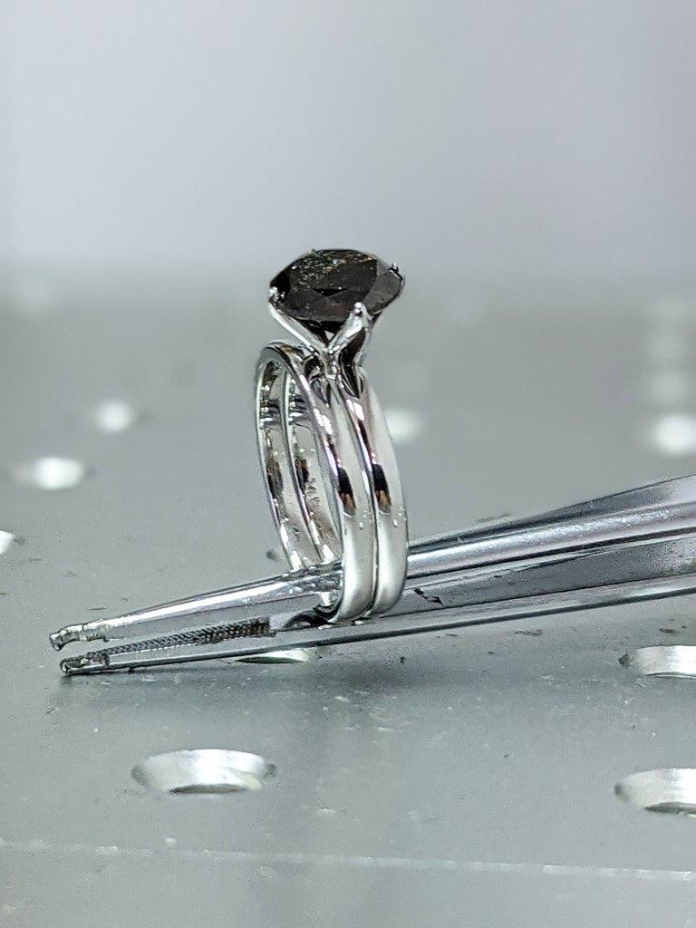 Raw Salt And Pepper Diamond Ring White Gold Solitaire Salt And Pepper Diamond Flower Ring, Delicate Bridal Set, Tulip Flower Setting, Ellis