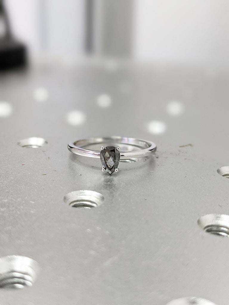 White Gold Raw Salt and Pepper Diamond, Full Cut Pear Diamond Ring, Unique Engagement, Black, Gray Pear, 14k Yellow, Rose, or White Gold