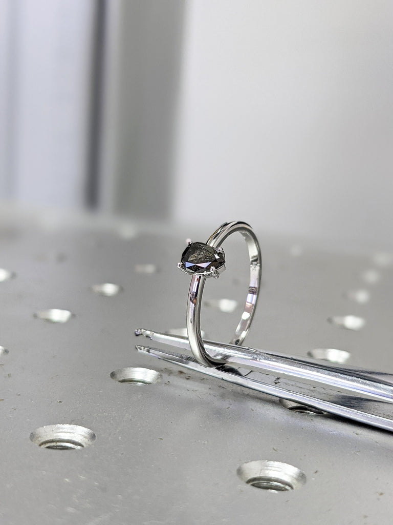 White Gold Raw Salt and Pepper Diamond, Full Cut Pear Diamond Ring, Unique Engagement, Black, Gray Pear, 14k Yellow, Rose, or White Gold