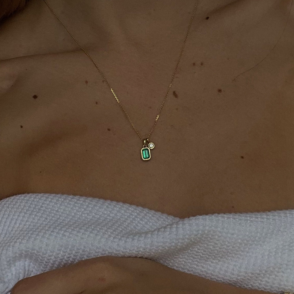 14k Emerald Necklace, Bezel Set Necklace, Crystal Solitaire & Diamond, May Birthstone Gift, Delicate Emerald Solitaire Necklace