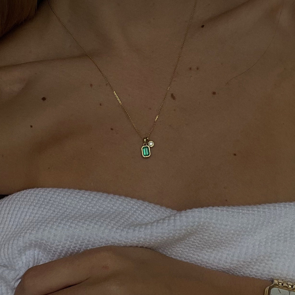 14k Emerald Necklace, Bezel Set Necklace, Crystal Solitaire & Diamond, May Birthstone Gift, Delicate Emerald Solitaire Necklace