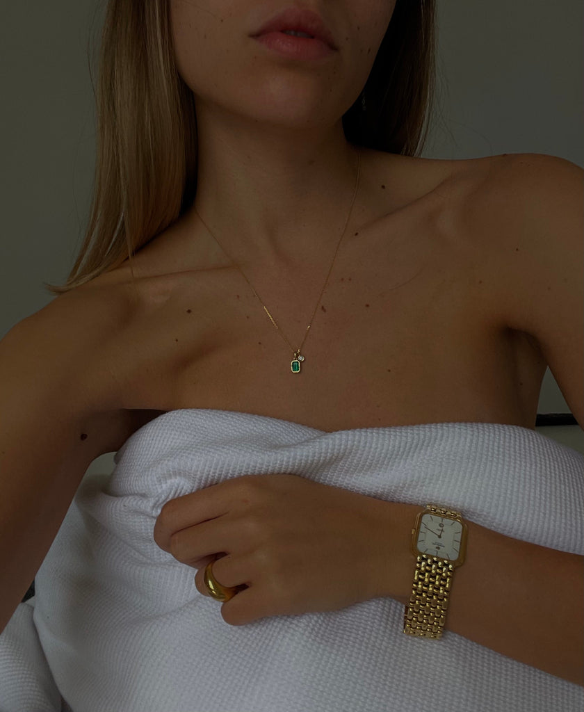 14k Emerald Necklace, Bezel Set Necklace, Crystal Solitaire & Diamond, May Birthstone Gift, Delicate Emerald Solitaire Necklace